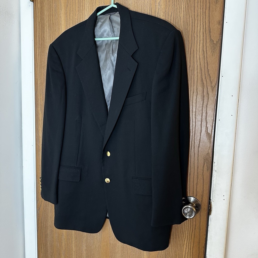 Hilton‎ Men's Sports Jacket Sz 44R 100% Wool Tessuto Lessona Gold Buttons Black